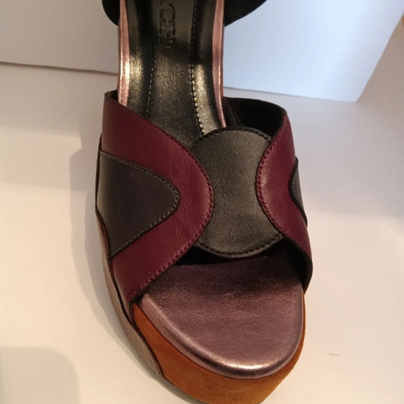 COACH Platform Sandal Leather Burgundy Black Ankle Strap 37.5 - Picture 7 of 14